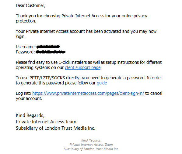 Figure 5.3. Access Account Activation email containing the PIA app username and password.